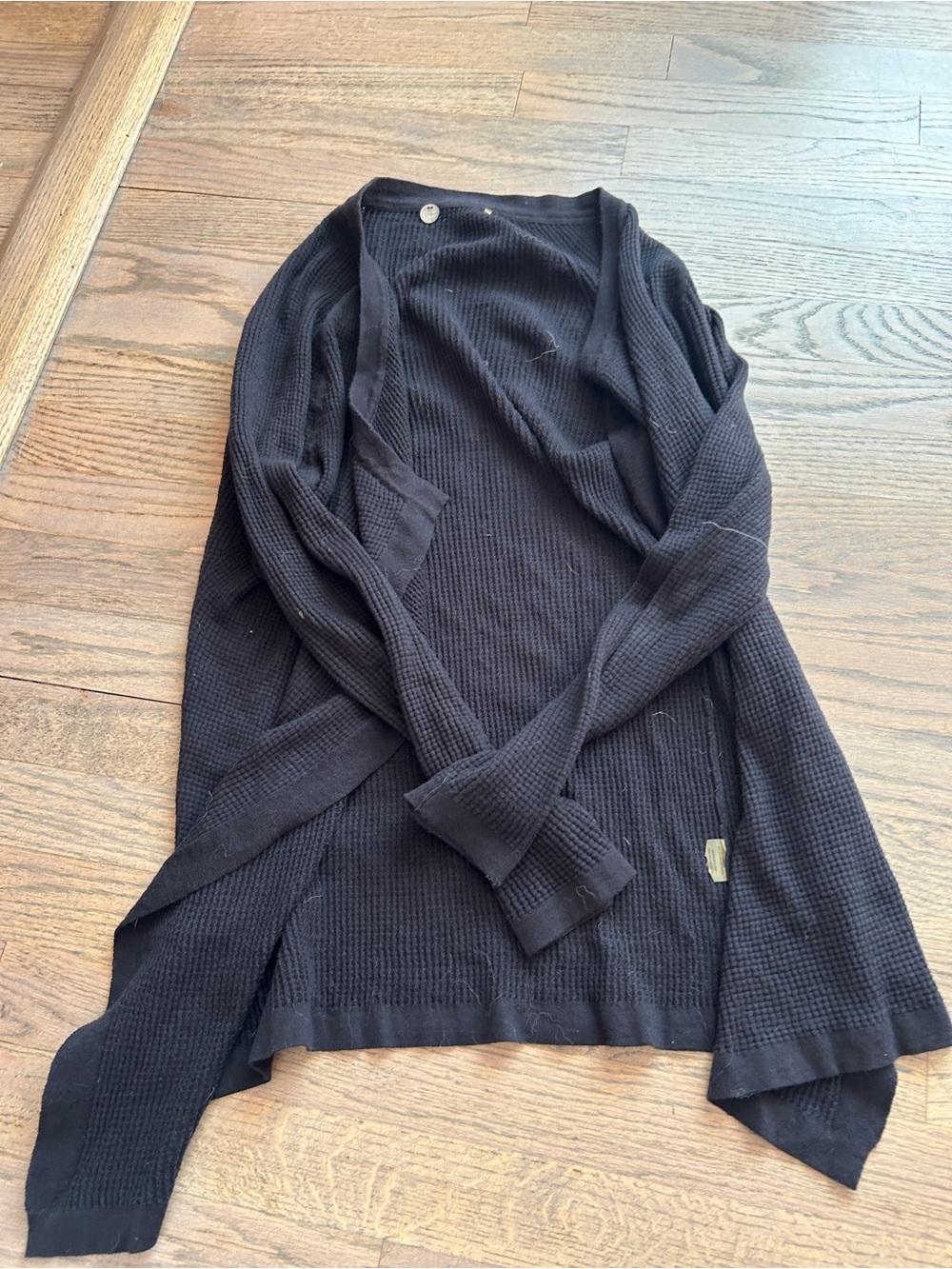 Margaret O'Leary Black Waffle-Knit Open Front Cardigan